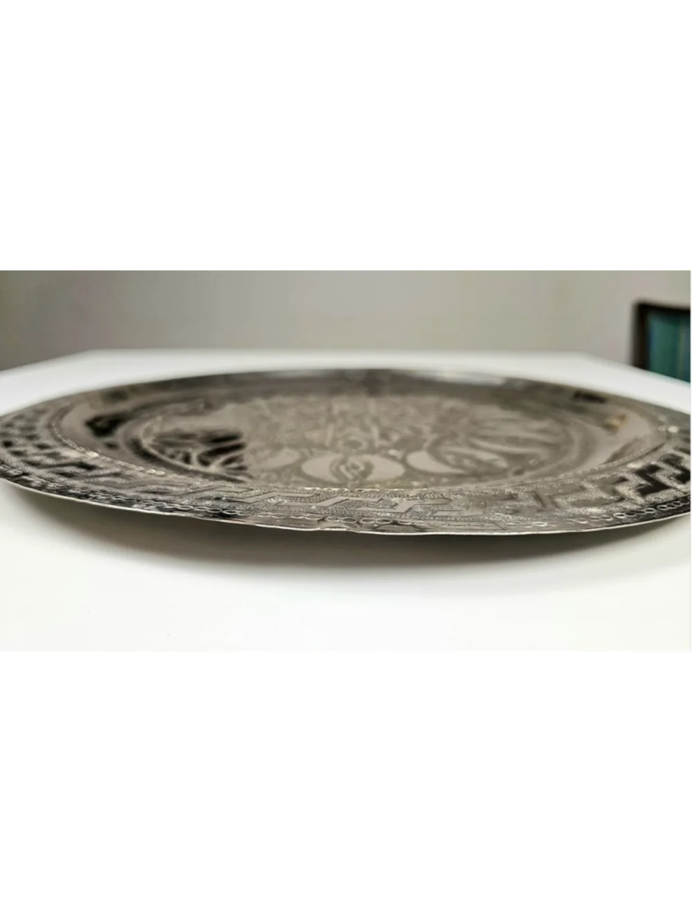 Vintage Moroccan Tea Tray Silver Plated Hand Engraved Geometric 13.5